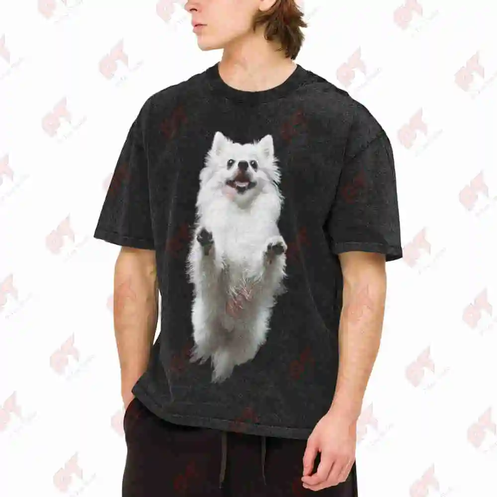 Pomeranian Dog Print Vintage Washed Tee Pure Cotton T-Shirt