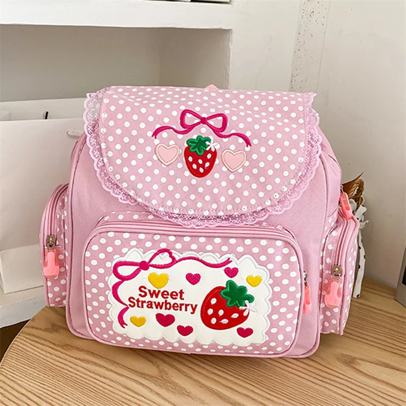 

Kawaii Kids School Bag Cute Strawberry Embroidery Student Mochila Dots Multi-Pocket Fashion College for Teenager Girl