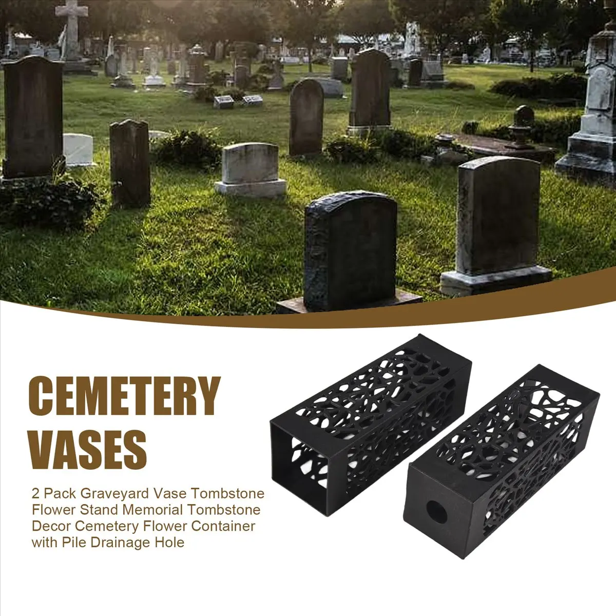 REST 2 Pack Graveyard Vase Tombstone Flower Stand Memorial Tombstone Decor Cemetery Flower Container with Pile Drainage Hole