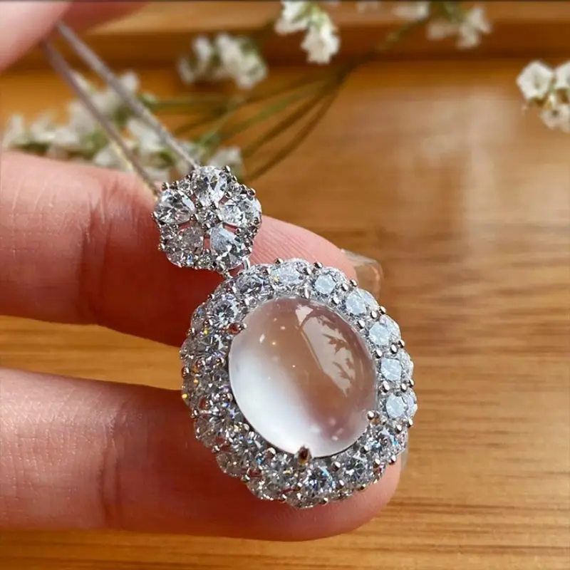 Xiaoyan's new 100% S925 silver natural water foam jade high ice 8 * 10 egg face jade pendant anniversary commemorative gift
