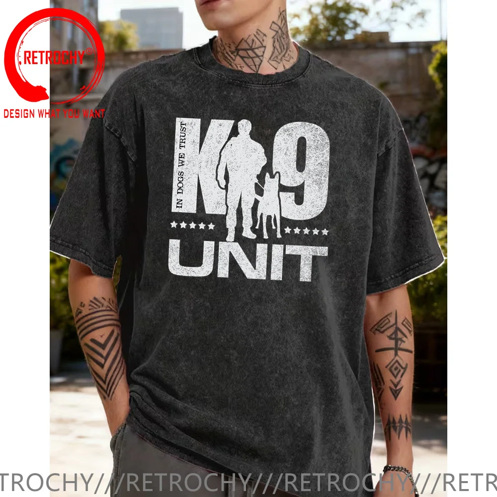 Vintage Washed Cotton T Shirt Men Custom T-Shirt Men's K-9 Team K9 Unit T Shirt Trendy Urban Streetwear Stylish Summmer TeeShirt