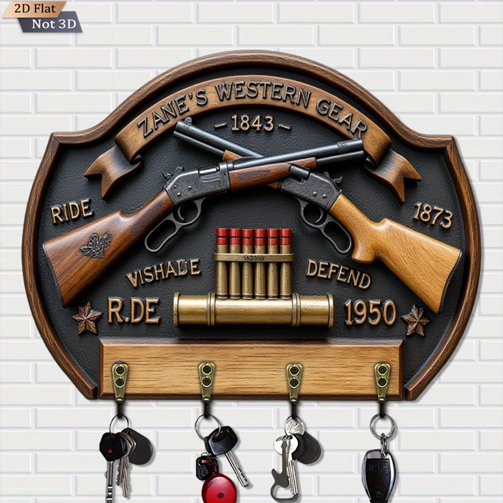 2D Retro Western Double Gun Key Hook Wooden Multi-functional Home Key Holder Wall Entrance Decor for Villa Pavilion
