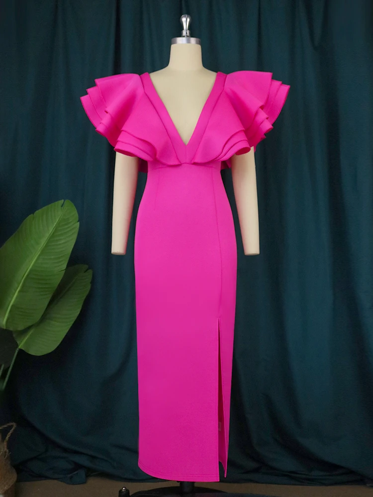 Elegant Pink Party Dresses Deep V Back Ruffle Sleeves Slit Long Dress Formal Evening Prom Occasion Robes for Women Big Size