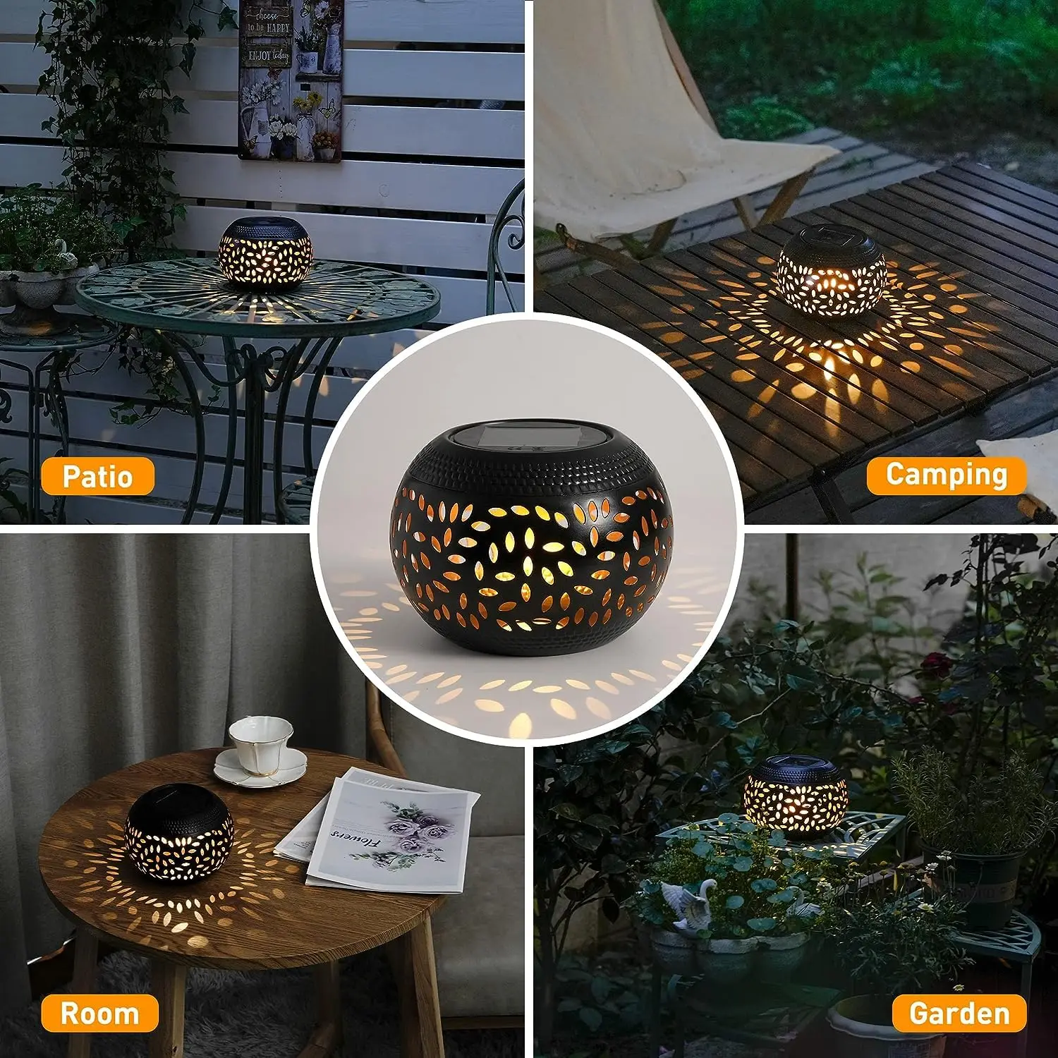 Lanterna da giardino a LED solare 1pc-lanterna ellittica in metallo elegante solare, impermeabile con proiezione di ombre per Patio esterno