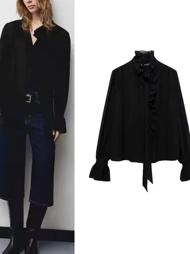 신상 여성 출퇴근 스타일 긴팔 블랙 셔츠 스탠드 칼라 디자인 레이스 트림 벨트 레귤러 핏 단색 77059069