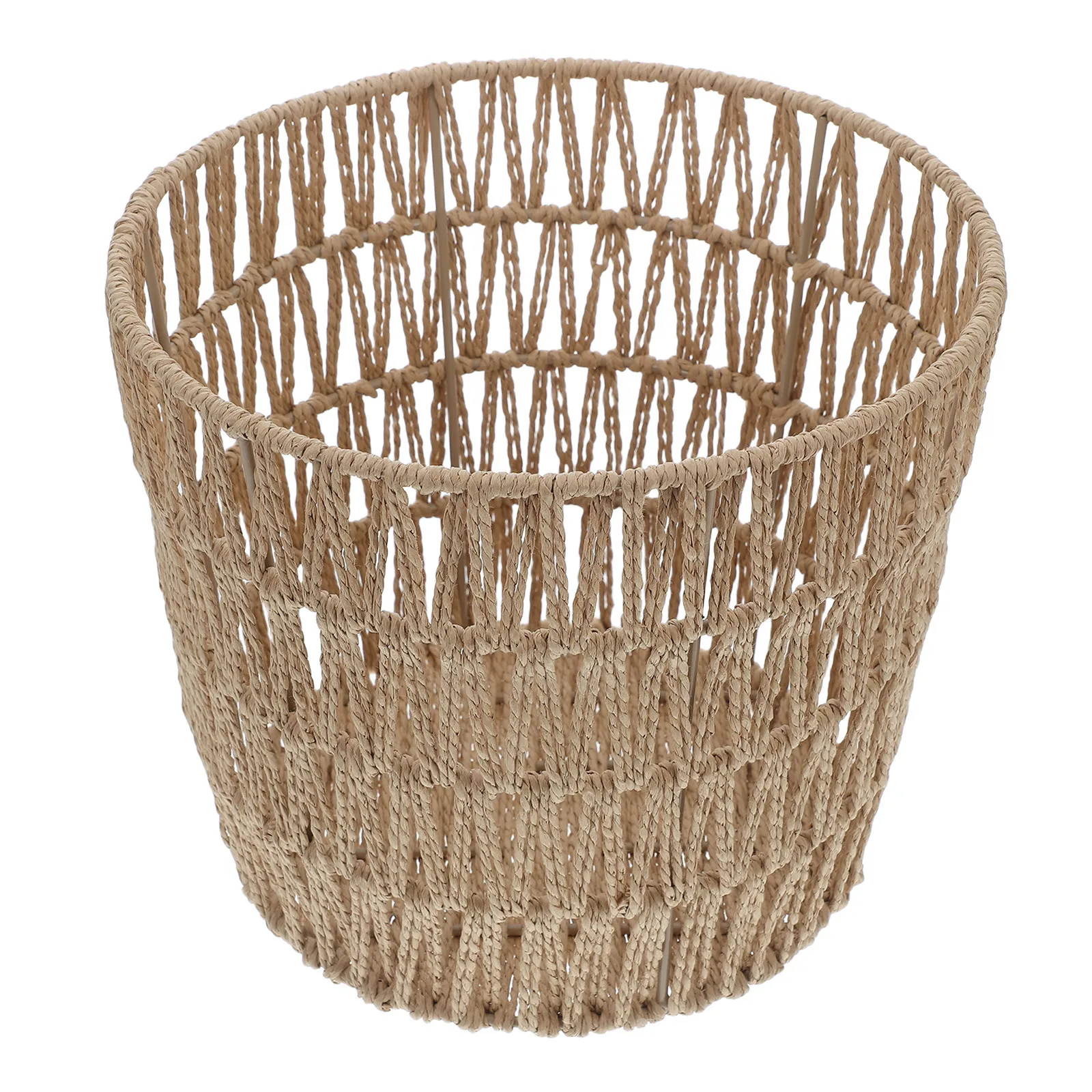 

Round Trash Bin Storage Basket Woven Iron Paper Rope Organizer Desktop Sundries Holder Household Basket For Table Shelves