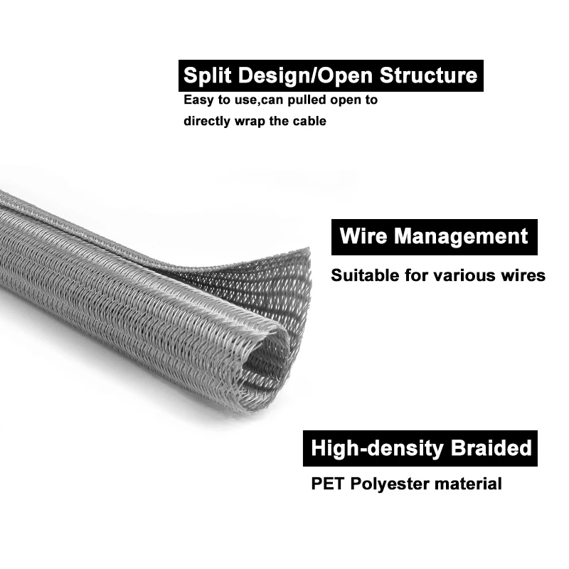 Grey PET Braided Cable Sleeve 3/5/8/10/13/16/19/25mm Insulated Wrap Sheath Split Wire Organizer Self-Closed Protection Sleeving