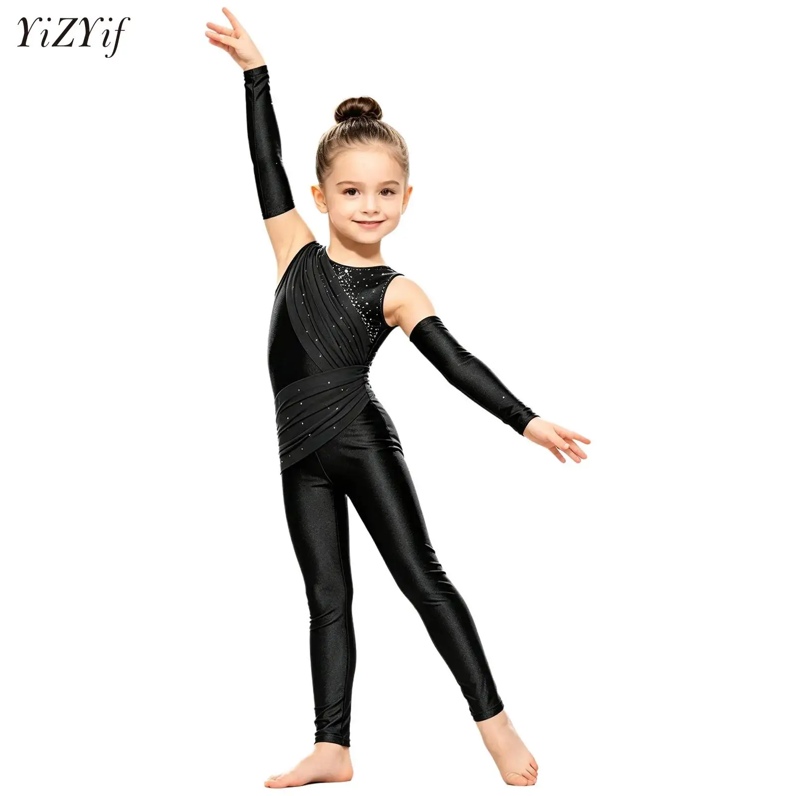 Kids Girls Ballet Dance Gymnastics Bodysuit Figure Skating Dancewear Children Leotard Ruched Mesh Jumpsuits Costume with Gloves