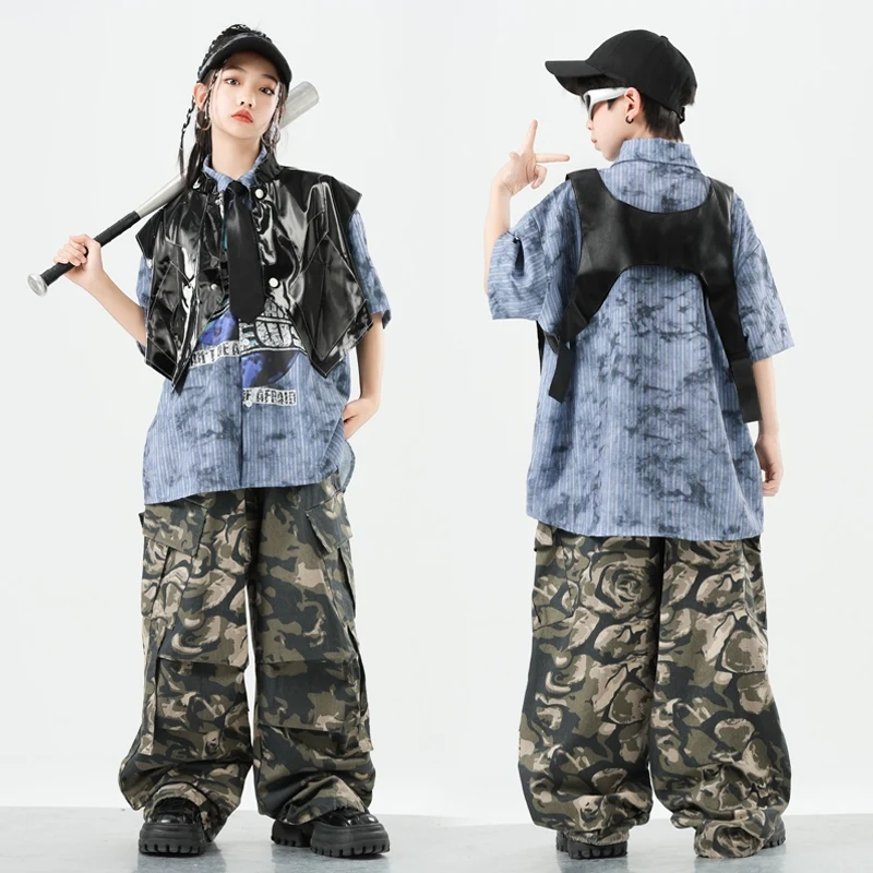 2025 Nowe kostiumy do tańca jazzowego dla dziewczynek Luźne koszule Czarna skórzana kamizelka Spodnie kamuflażowe Garnitur Chłopcy Hip Hop Dance Clothes DQS19512