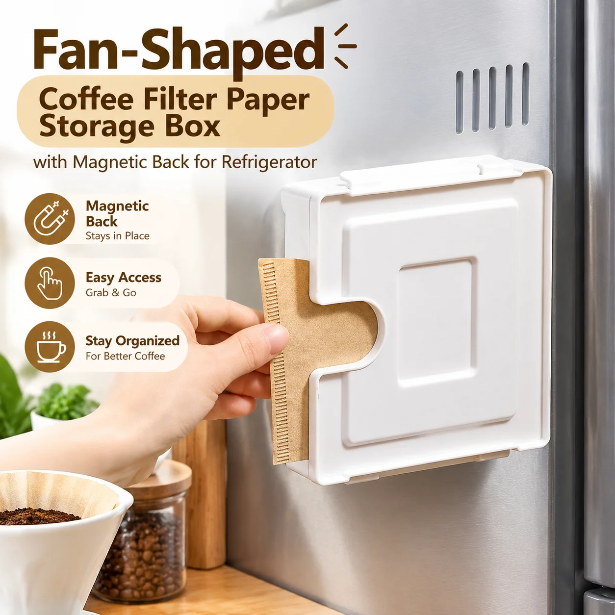 Fan-Shaped Coffee Filter Paper Storage Box with Magnetic Back for Refrigerator, High-Value Organizer for Coffee Lovers