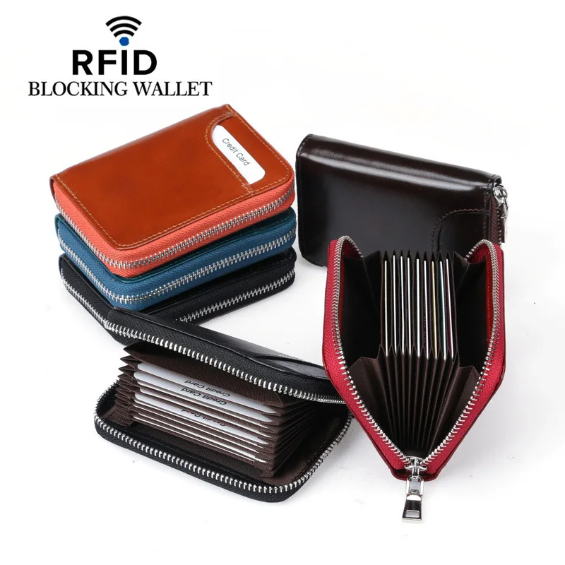 Genuine Leather Card Holder Rfid Blocking Multi-Card Slot Credit Card Holder Organizer Men Women Cowhide Bag Pocket Wallet