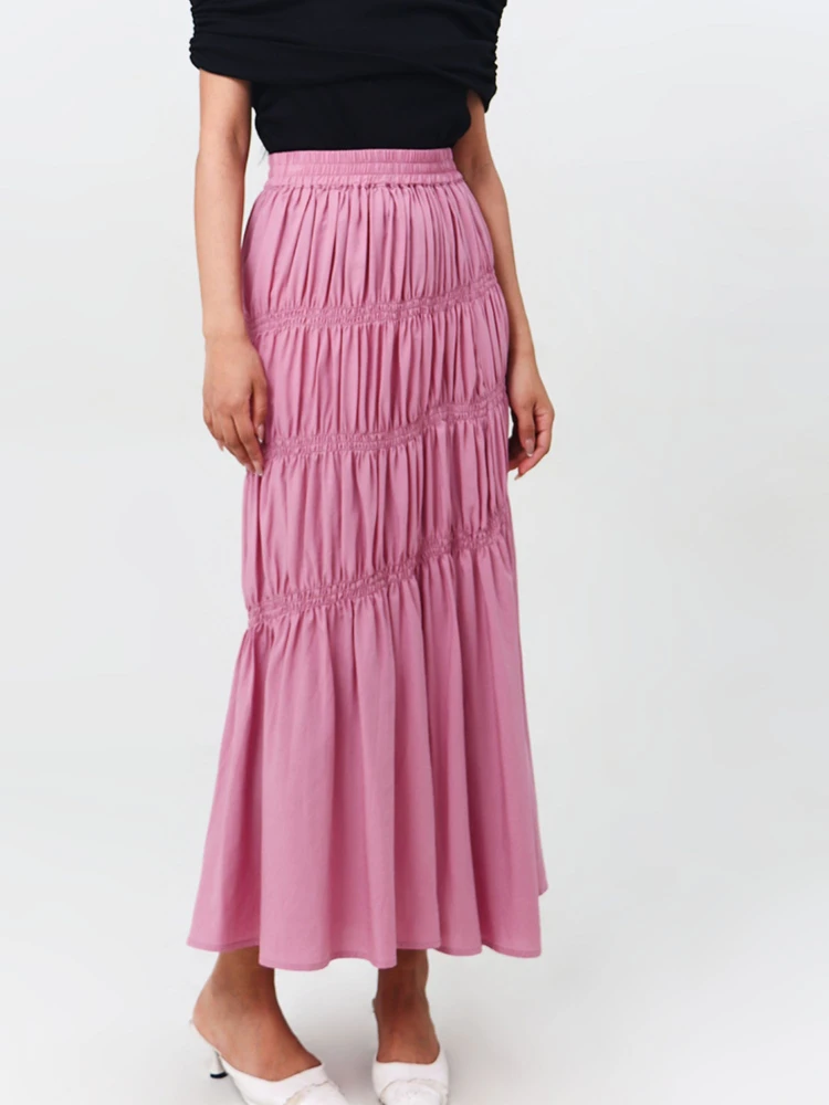 Versatile Office Lady Slim Pleated Skirt Solid Color Elastic High Waist Maxi Skirt Boho A-Line Tiered 2024 New in Woman Clothing