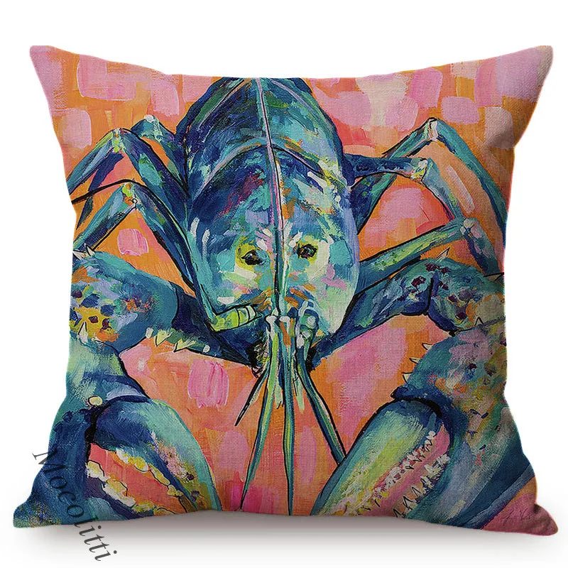 Lobster Vintage Oil Painting Cushion Cover Ocean Navigation Sailboat Style Home Decoration Linen Sofa Throw Pillow Case cojines