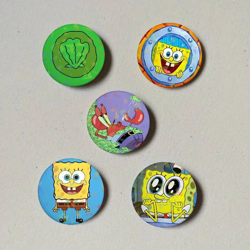 Cartoon S-SpongeBob Round Laser Badge Brooch Clothes Backpack Accessories Lapel Decoration Gift