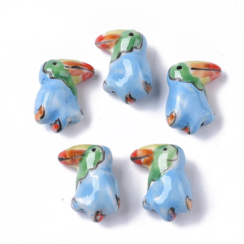 2pcs Handmade Porcelain Woodpecker Beads Famille Rose Style Loose Spacer Beads for Bracelet Jewelry Making 21~22.5x16~19x11.5mm