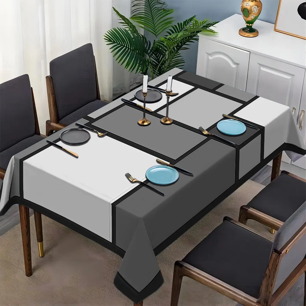 White Gray Contrasting Geometric Splicing Tablecloth Modern Simple Style Stain-resistant Table Linen Rectangular Non-slip