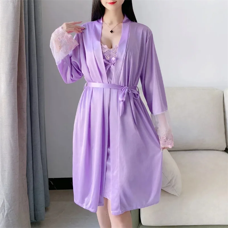Senhoras camisola de seda gelo vestido de dormir feminino cetim renda aparada conjunto de pijama sexy aconchegante conjunto de pijama de duas peças casa wear