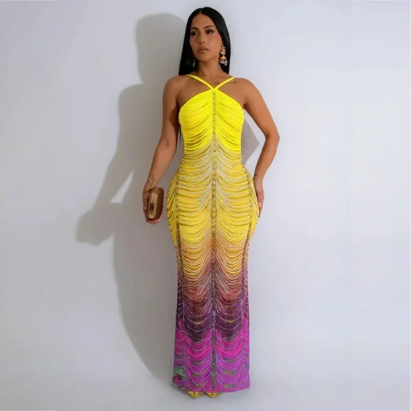 

GUWU Fashion Rainbow Diamonds Crystal Tassel Halter Neck Bodycon Maxi Long Dress Women Evening Sexy Party Club Chic Dresses