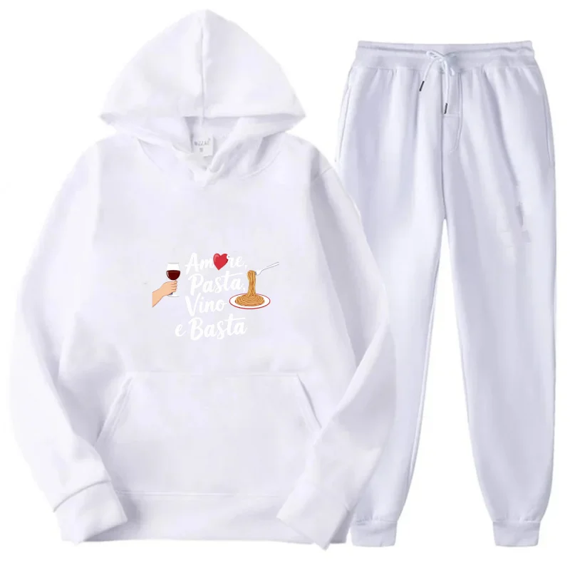 طقم هوديي رمادي + نمط ونص مطبوع Amore Pasta Vino e Basta