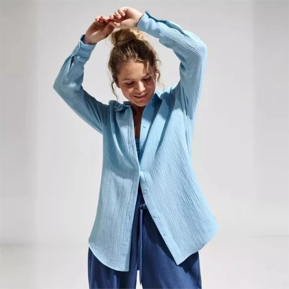 2024 Women's Spring Summer Cotton Solid Lapel Crepe Shirts Office Lady  Fashionable Lady Long Sleeve Loose Tops Y2k Work Blouse