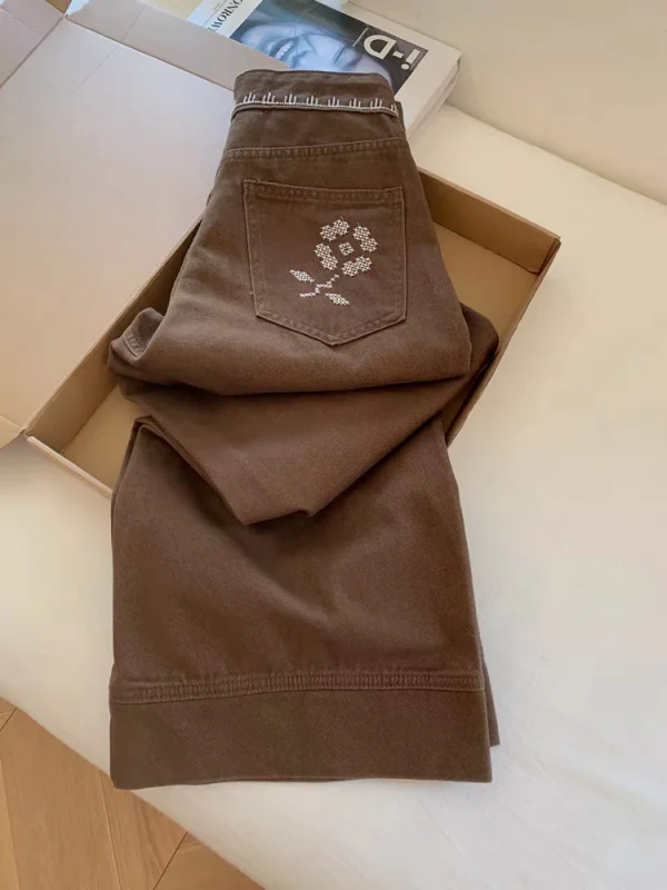 

Vintage Style Coffee Color Denim Pants Women's High Waist Straight Leg Jeans Autumn Winter Fashion Casual Comfortable Long Tr...