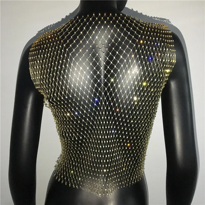 y2k Sexy Mesh Crop Tops for Women 2025 Summer Rhinestones Fashion Party See Through Fishnet Tank Hollow Out Backless Top New