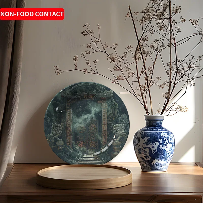 1pc Chinese Dragon Decorative Plate - Traditional Asian Palace Architecture Design in Greenish-Blue, Non-Food Contact Ceramic