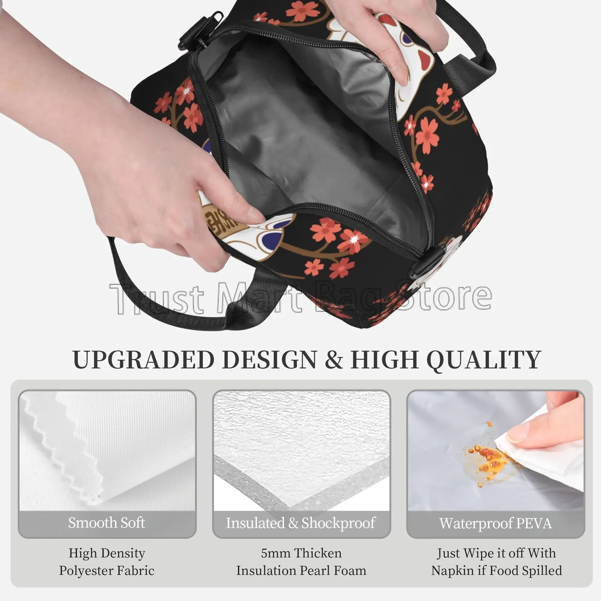 Japanese Lucky Cat Lunch Bag for Women Teens Girls Reusable Insulated Lunch Box with Shoulder Strap Waterproof Durable Tote Bag
