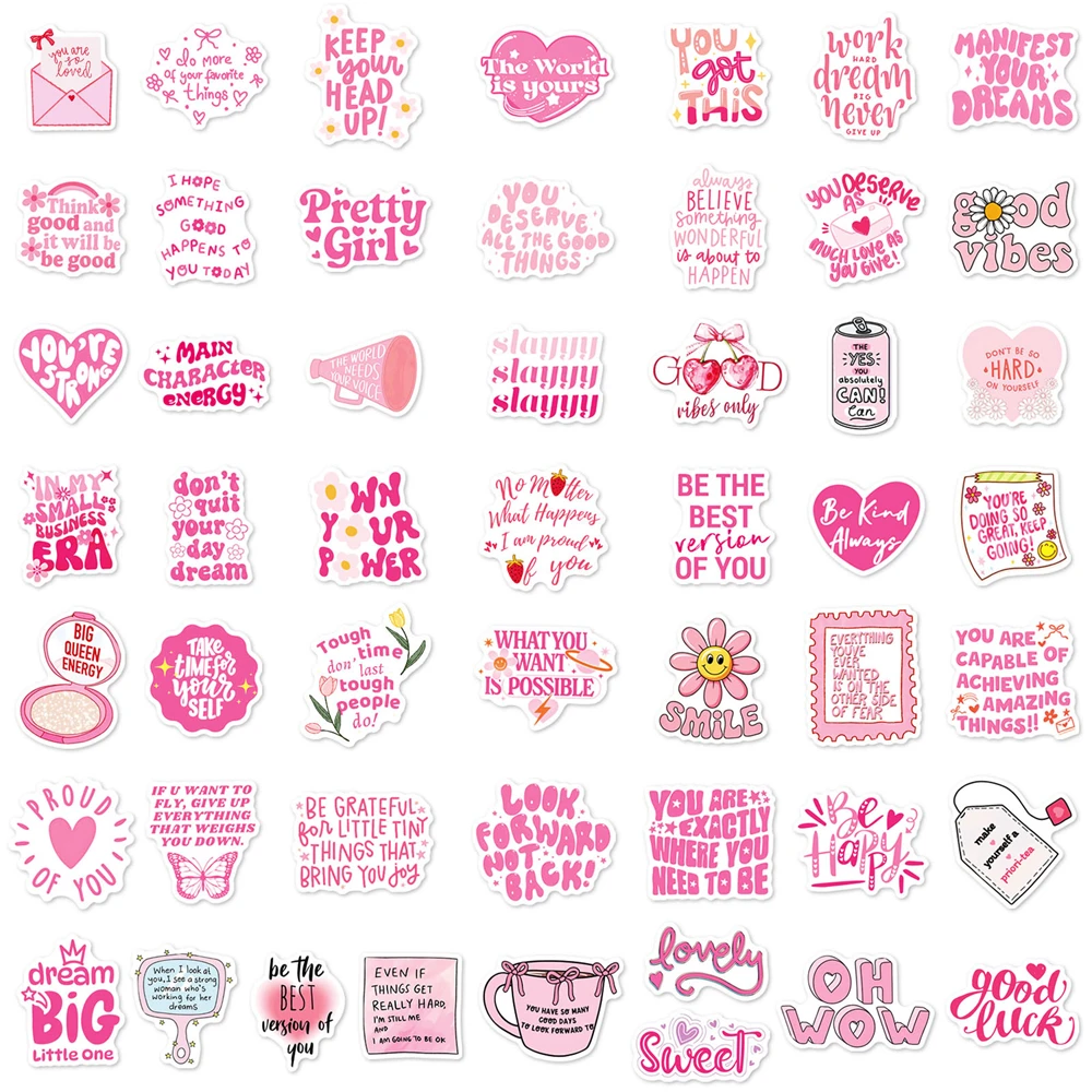 50/100 Pcs Pink English Inspirational Text Doodle Stickers for Reward Phone Stationery Box Diary Desk Waterproof Durable Decals