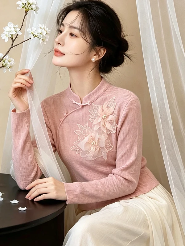 New Chinese Style Knitted Base Shirt Women's Autumn Winter Long Sleeve Soft Style Flag Robe Style Inner Wear Small Shirt