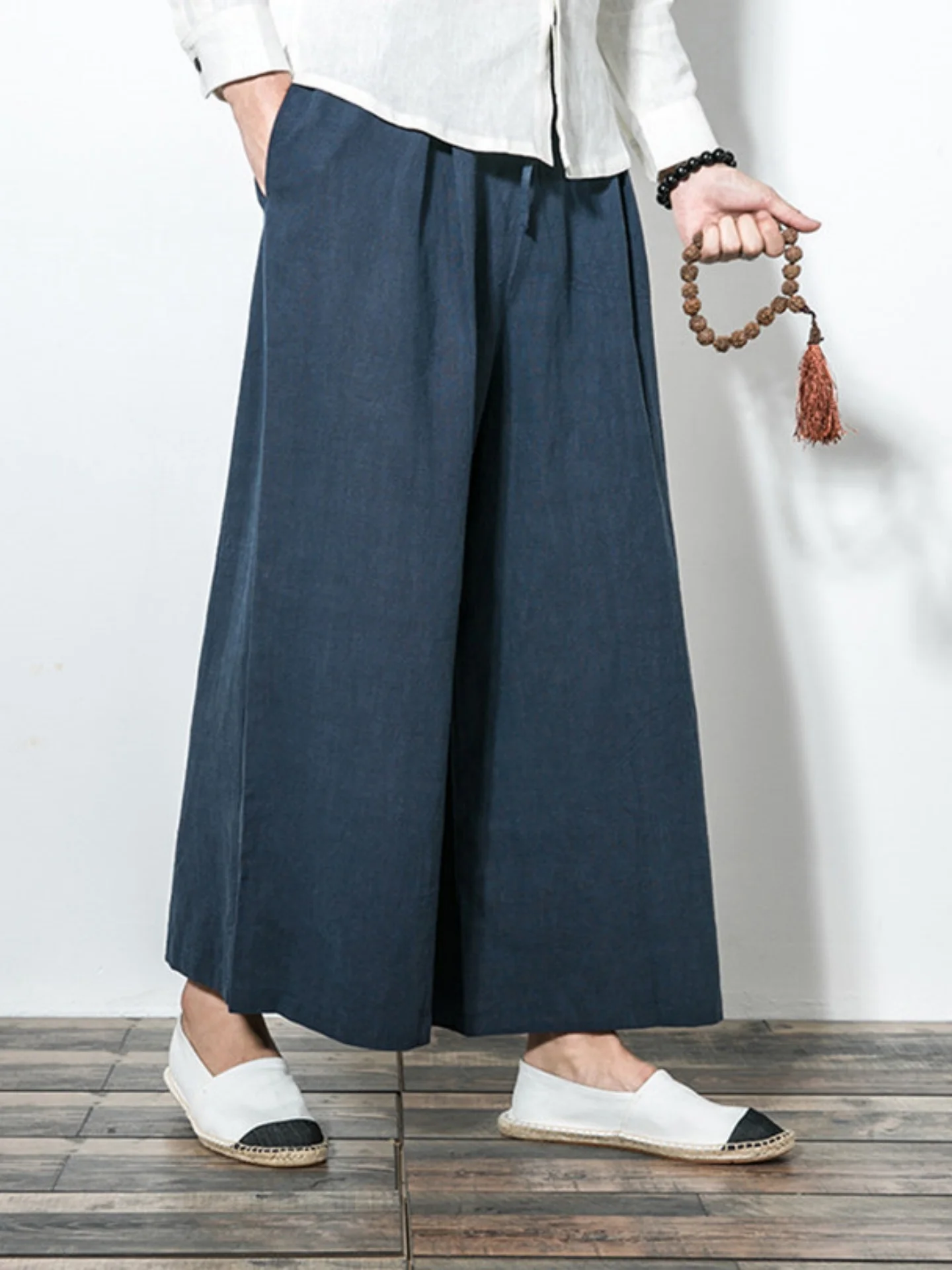 

Cotton Linen Wide Leg Pants Men's Sle Bla Knight Loose Skirt Pants Trendy Retro Cotton Linen Casual Straight Leg Pants