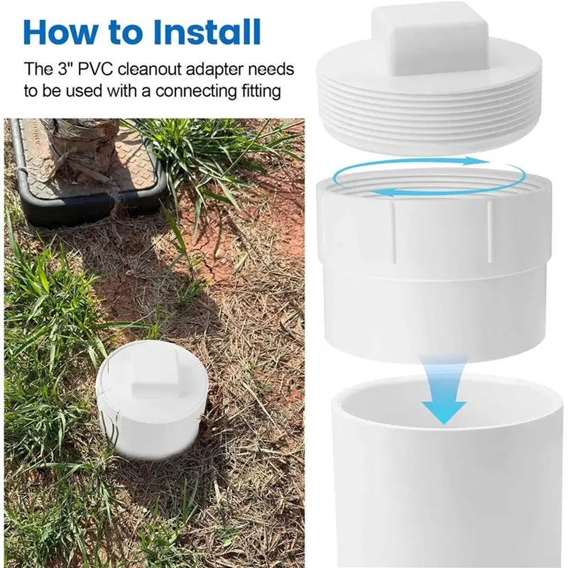 UISN 2Pcs 3Inch PVC Sewer Cleanout Adapter With Plug Pipe Fitting, PVC DWV Flush Sewer Cleanout Cap For Outdoor Garden
