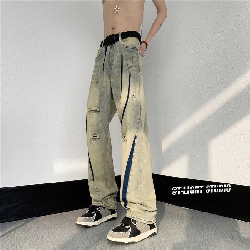 Calças Jeans Retro Americanas de Corte Reto com Estampa Amarela e Efeito Desgastado, Largas e Soltas, para Homens e Mulheres,...