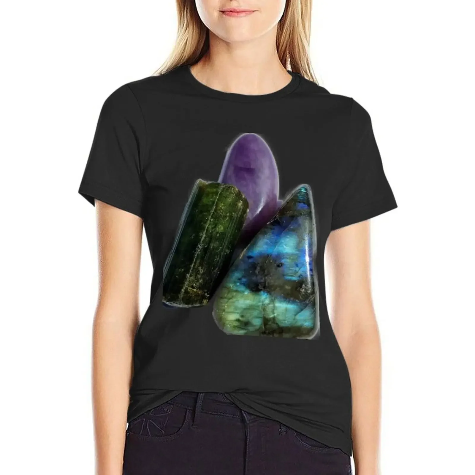 

Labradorite, Green Tourmaline, Charoite T-Shirt heavyweights customs Blouse anime Woman clothes