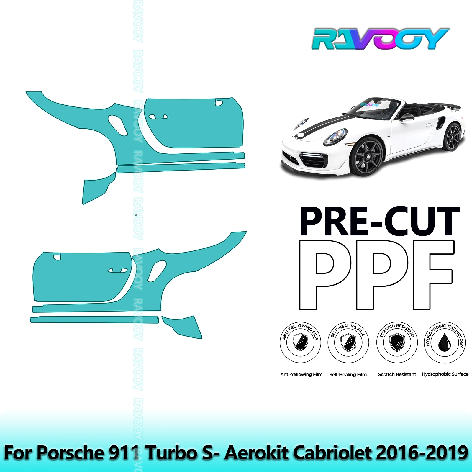 

For Porsche 911 Turbo S- Aerokit Cabriolet 2016-2019 8.5mil Pre-Cut PPF Door & A/B Pillar Kit TPU Paint Protection Film Set