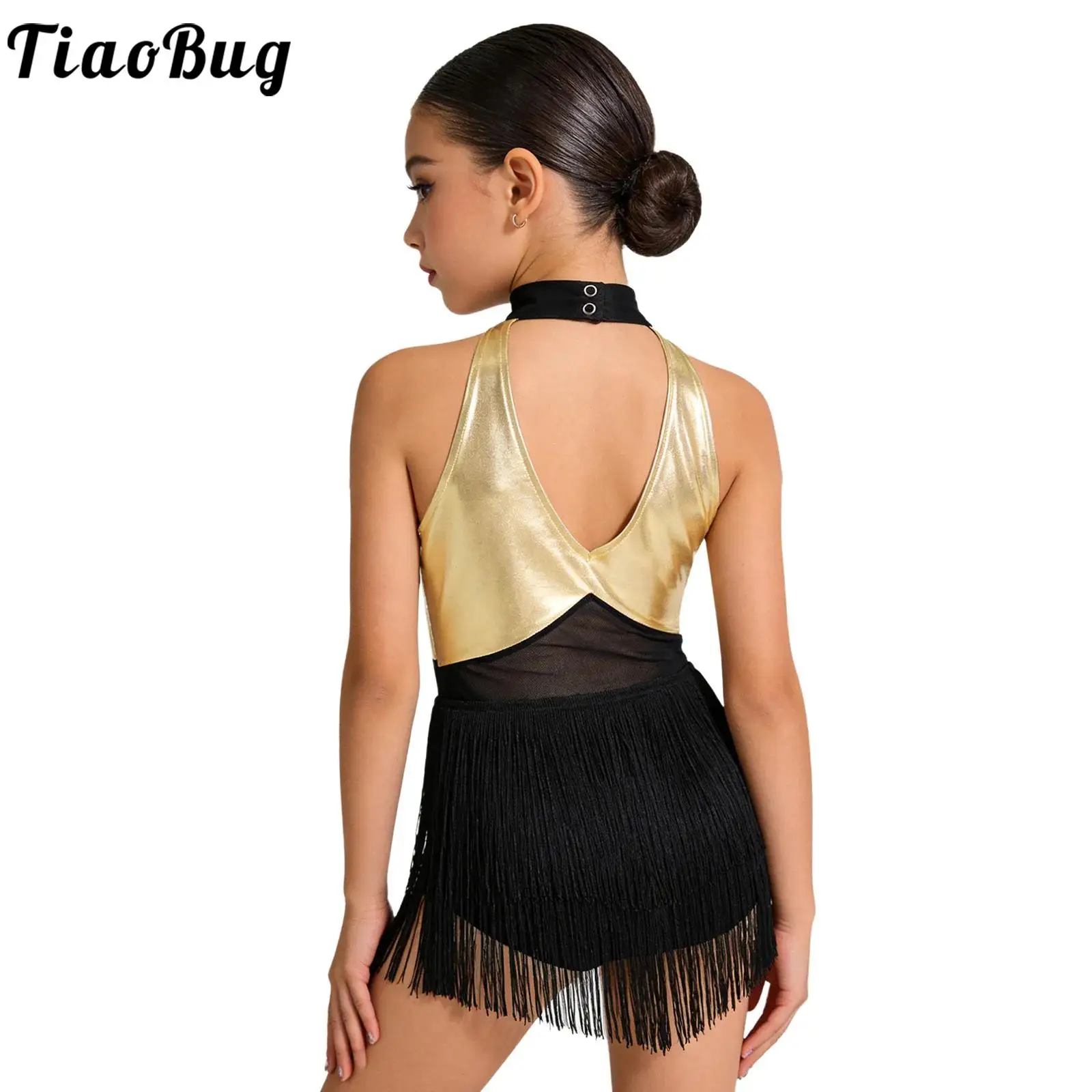 Kids Girls Tassels Latin Tango Salsa Dance Costume Samba Rumba Outfits Shiny Sequins Halter Sleeveless Mesh Leotard Dancewear