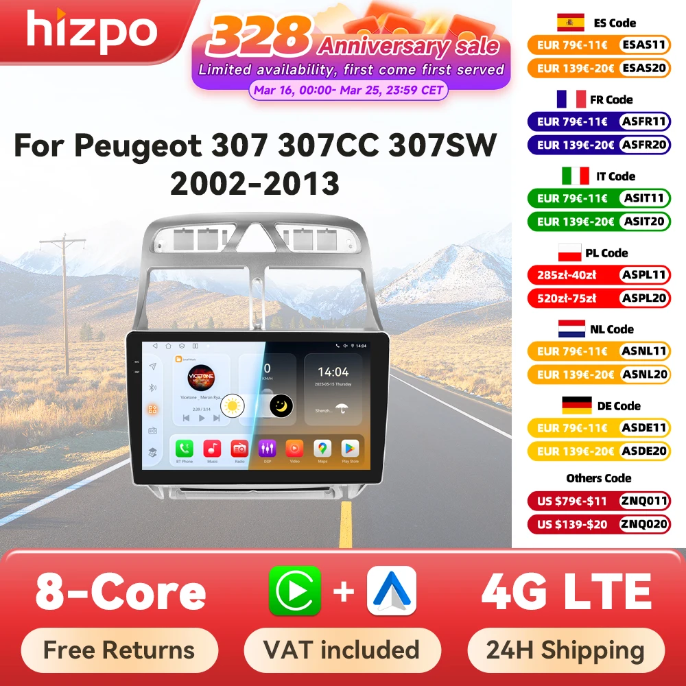 Hizpo 6115 autoradio pour Peugeot 307 307CC 307SW 2002 - 2013 sans fil CarPlay Android Auto systèmes intelligents No 2 din 2din DVD