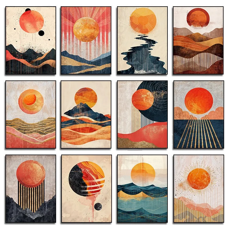 Abstract Sunscapes Canvas Print Spiral Sun & Eclipse Sunset Dunes Geometric Line Art Wall Decor for Living Room Bedroom Office