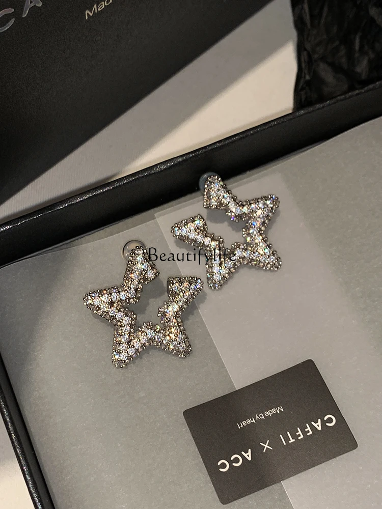 Silver Needle Zircon Pentagram Stud Earrings Women's Light Luxury Minority Unique High-Grade Earrings