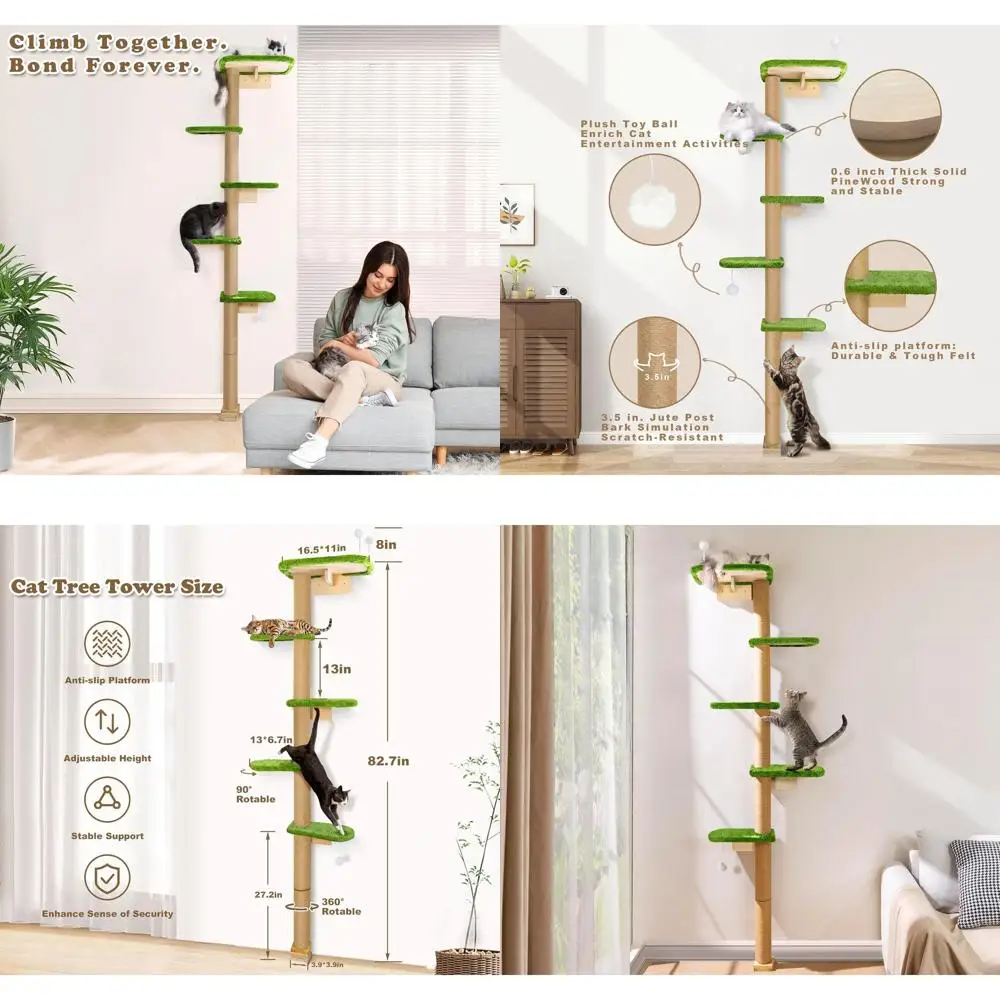 

Вертикальное дерево для лазания кошек для котят с настенными зелеными плюшевыми платформой и регулируемой высотой