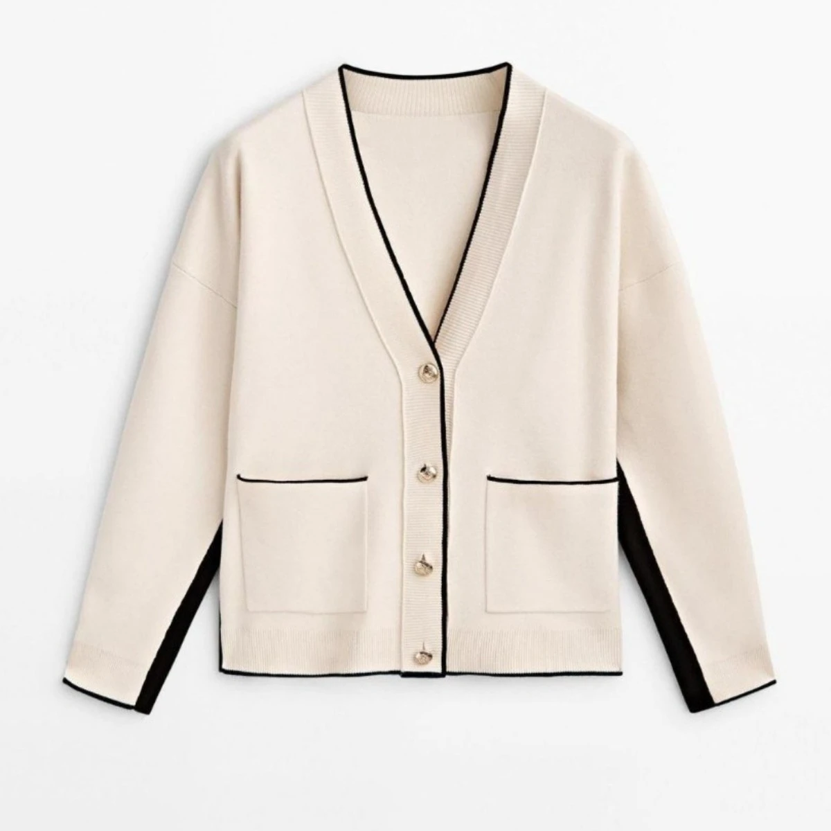 

Woman's Knitted Cardigan V-neck Single-breasted Long-sleeved Contrast Color Pocket Loose Sweater Autumn New Female Chic Top