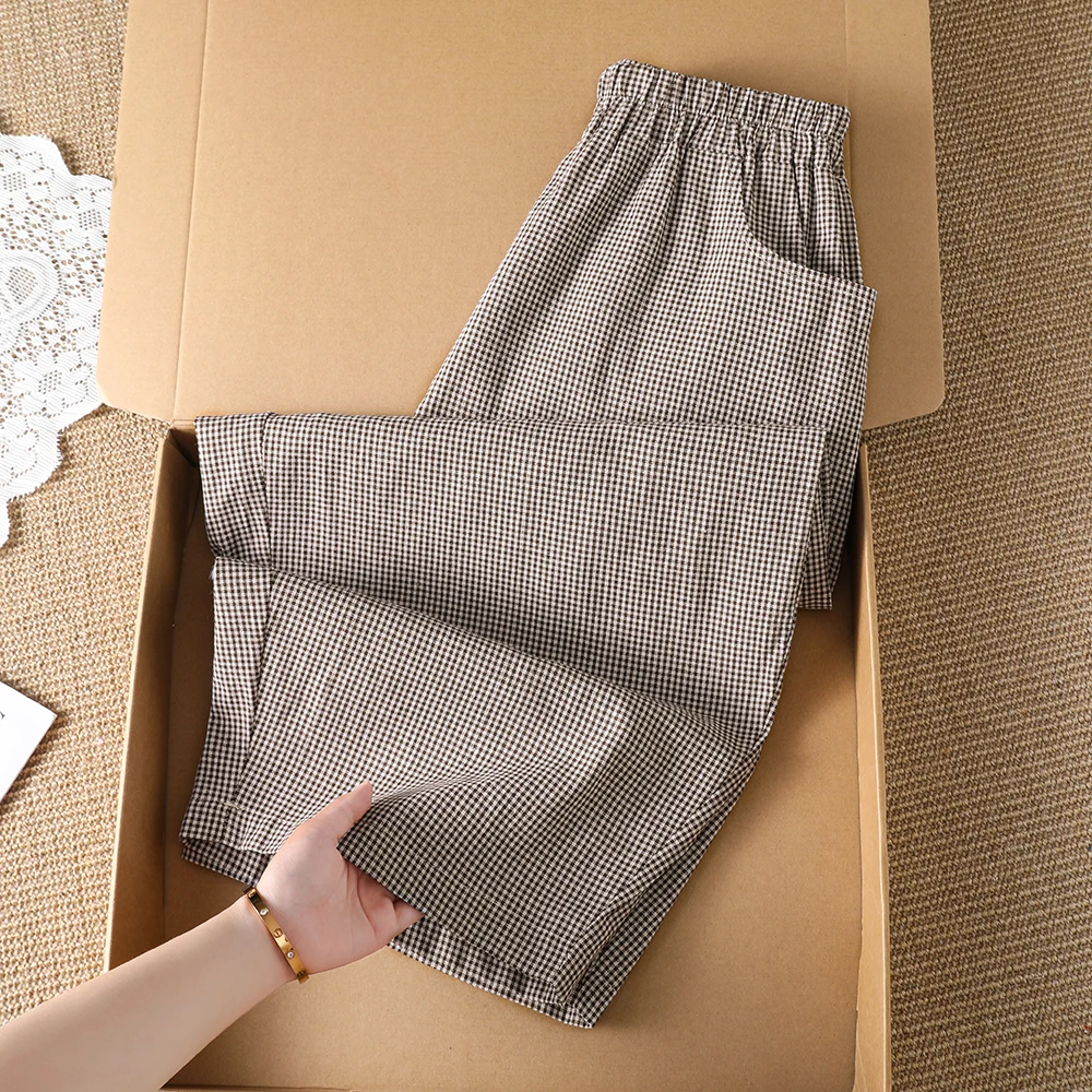 Summer Women's Loose Large Size Artistic Simple Match Lazy Pants Micro Fat Thin Cotton Plaid Elastic Waist Casual Trousers
