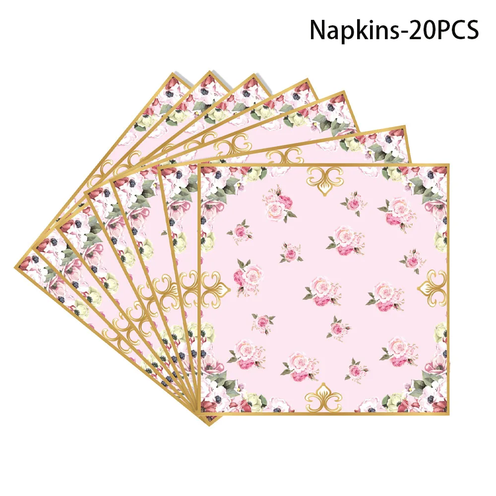 Vintage Blumenmuster Teegeschirr-Set Elegante Rosa Pappteller Tassen Servietten EVJF Mädchen Geburtstag Brautparty Hochzeitsdekoration – Detail 6