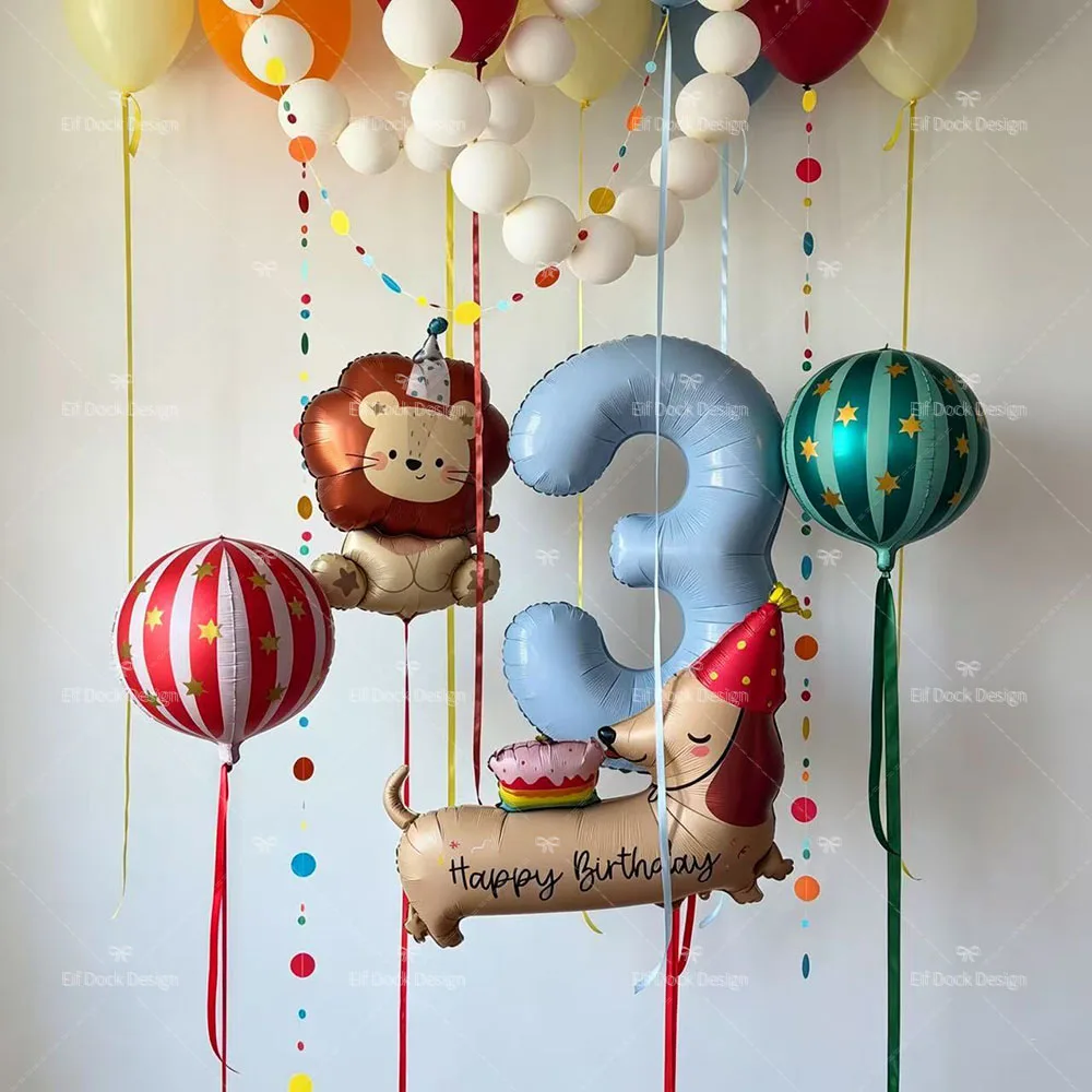 37 Pièces Chapeau d'anniversaire Thème Cirque, Ballons Teckel et Lion, Décoration d'ambiance pour fête d'anniversaire, Ballons de fête 4D, Accessoires photo pour scène, Cadeaux