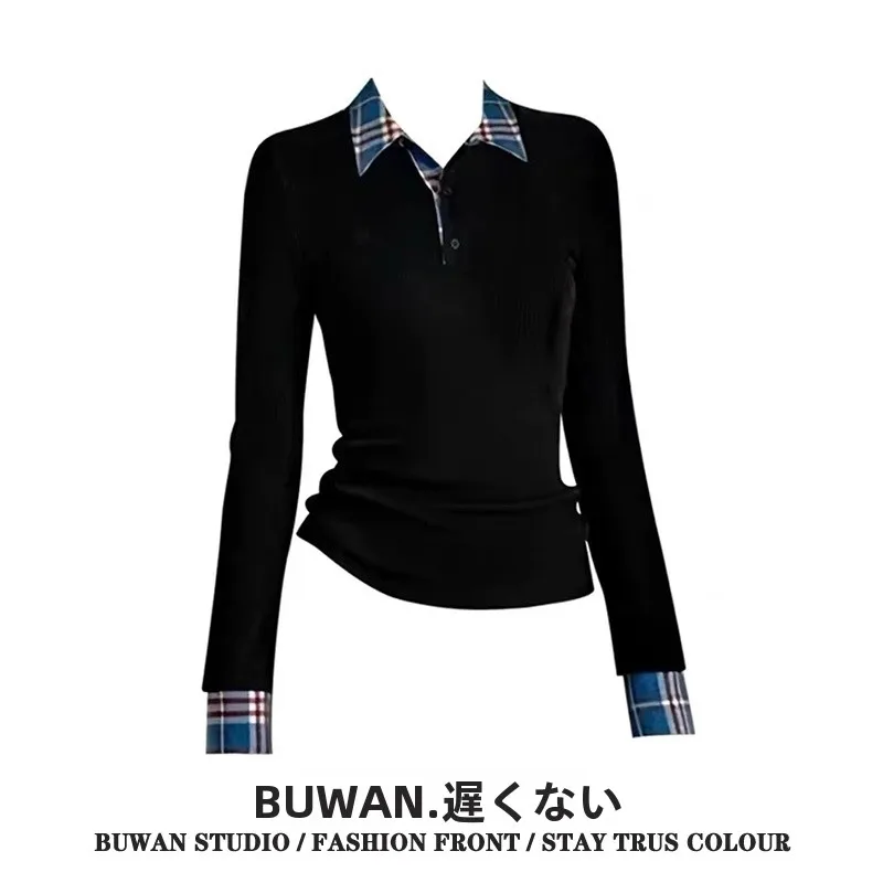 College Style Plaid Fake Two-Piece Long Sleeve  Neck Women's Inner Wear T-Shirt Shoulder Width Regular Length Autumn Design