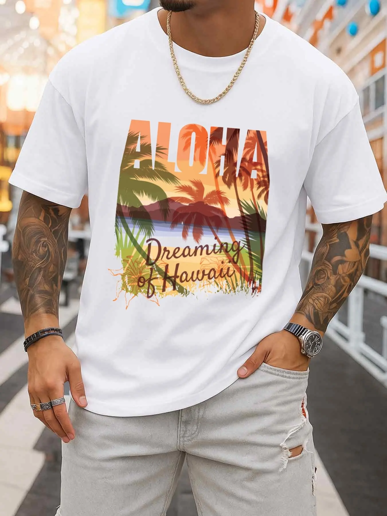 Alamoana Sunset T-Shirt Men's White Elegant Short-Sleeve Round-Neck T-Shirt, Perfect for Summer Outdoor Activities and Casual Wear, Fun and Playful, Cool and Interesting Trendy Print Design, Slightly Stretchy Fabric, Regular Fit, Short Sleeves, Suitable for All Seasons