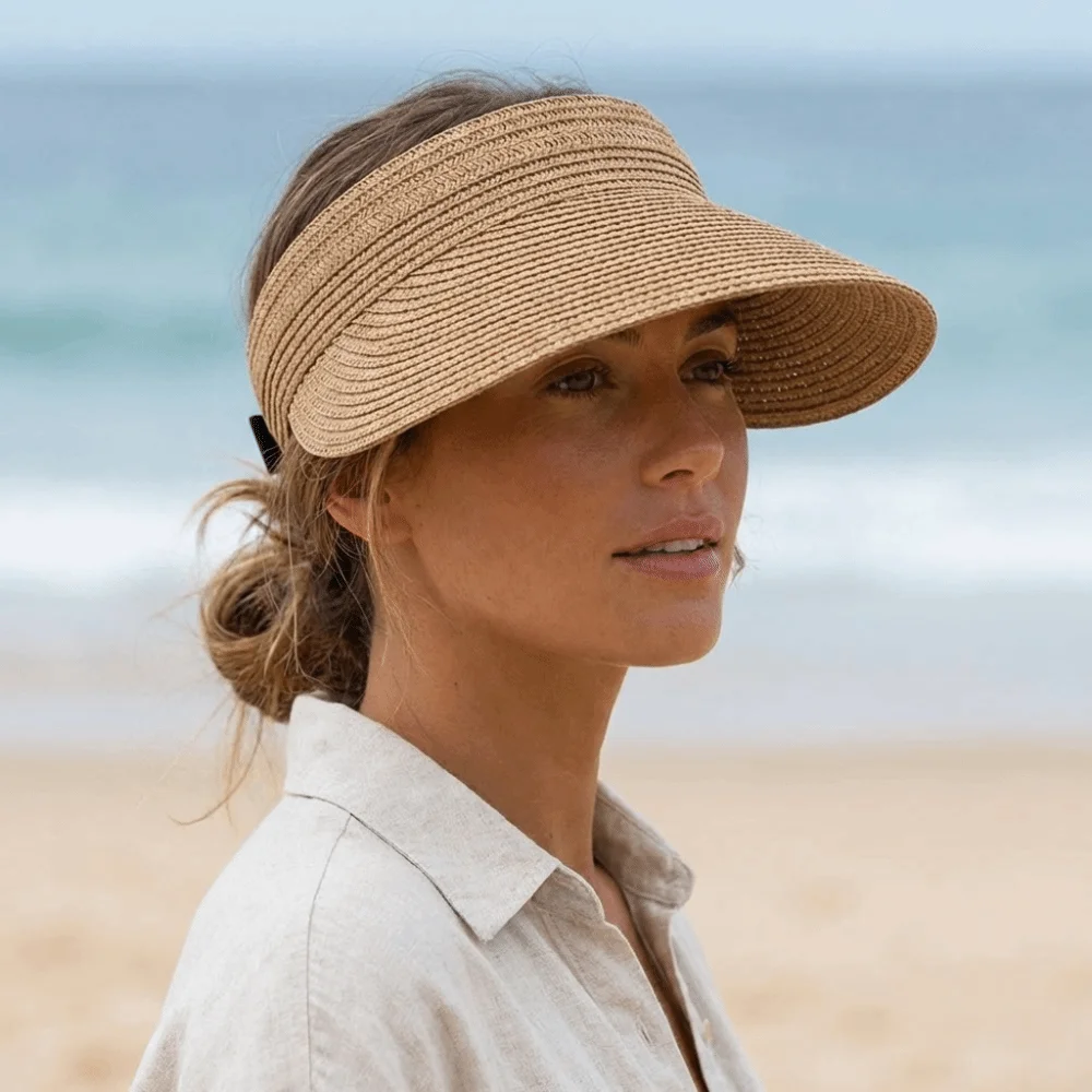 Simple Solid Color Straw Sun Cap Adjustable Foldable Summer Visors Hat Empty Top Hat Ponytail Cap Wide Brim Beach Hat Beach