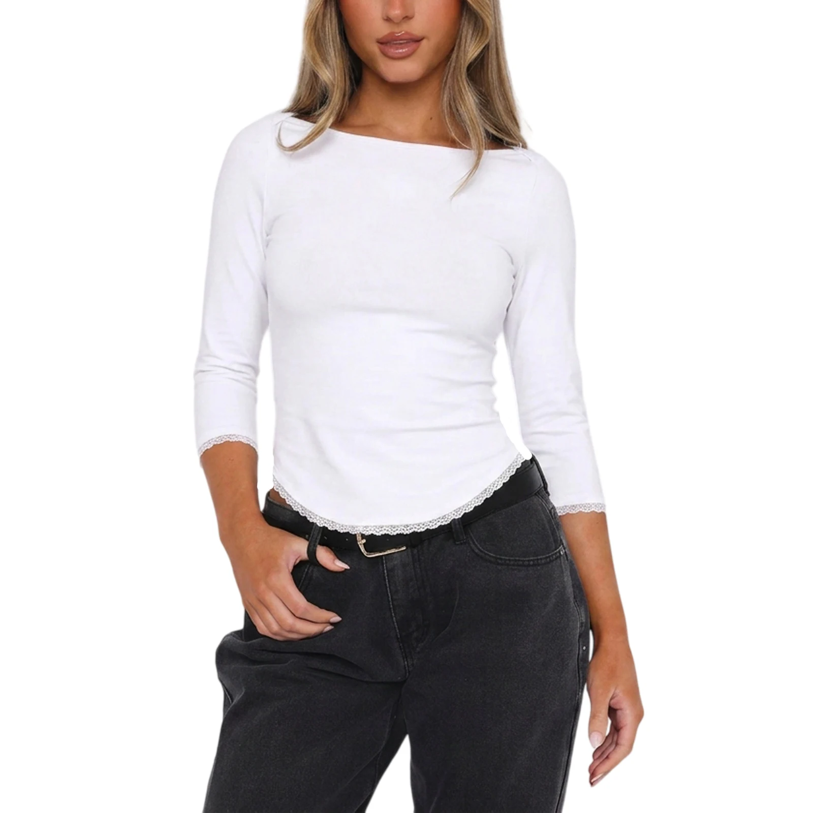 Women Basic Fitted Tops Scalloped Lace Trim Boat Neck 3 4 Sleeves Shirt