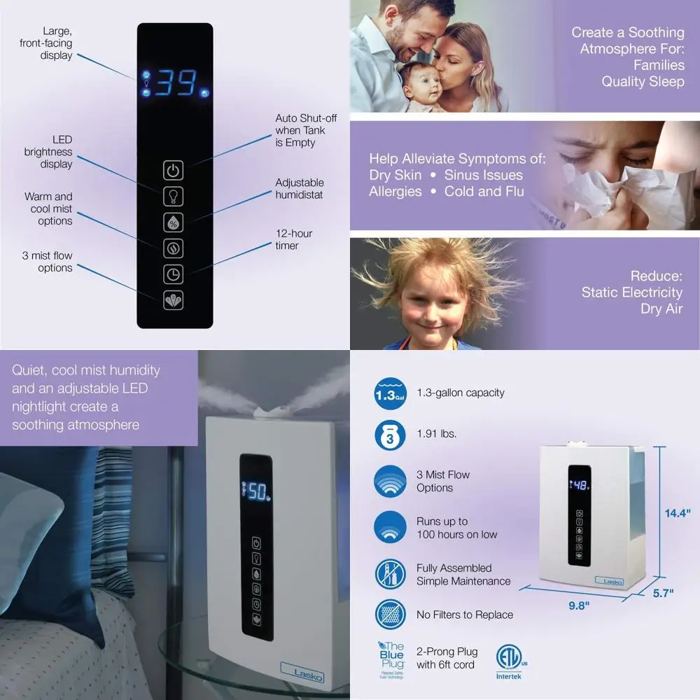 

Увлажнитель воздуха с двойным распылением, гигростатом и таймером, емкость 4,9 л, бесшумная работа для детских комнат, спален и больших помещений