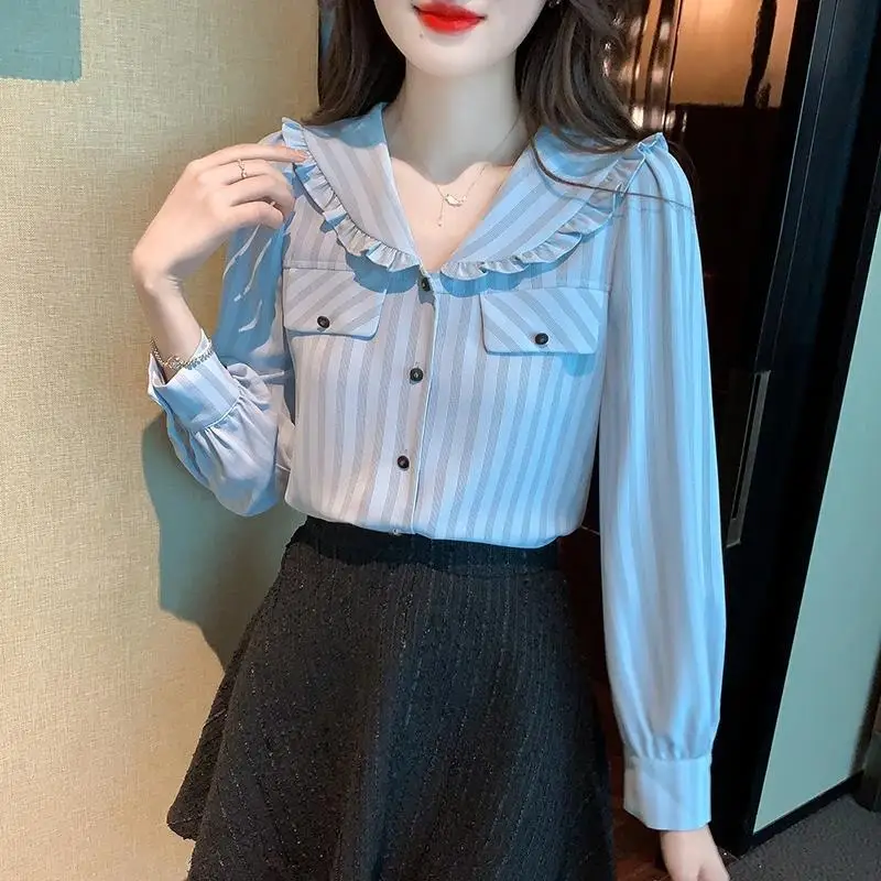 2023 Spring New Striped Peter Pan Collar Fashion Casual Korean Version Women\'s Clothing Loose Spliced Button Commute Blouse